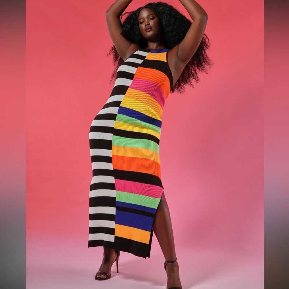 ELOQUII Mixed Striped Ribbed dress‎ colorful sleeveless maxi length Sz 26/28 new - Picture 14 of 14